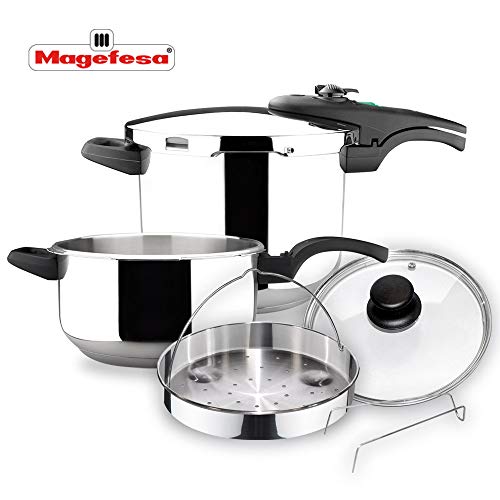 MAGEFESA ATHENAS COMPLET Olla a presión Super rápida de fácil Uso, Acero Inoxidable, Apta para cocinas inducción. Fondo Termo difusor, Pack Exclusivo Olla + CESTILLO + Tapa DE Cristal (4L + 6L)