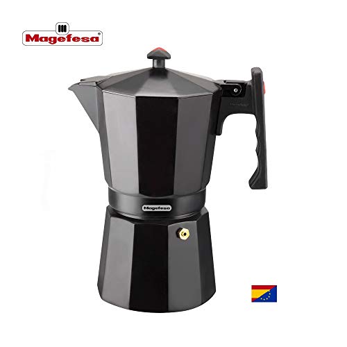 MAGEFESA Colombia – La cafetera MAGEFESA Colombia está Fabricada en Aluminio Extra Grueso. Pomo y Mangos ergonómicos de bakelita Toque Frio. (Negro, 9 Tazas)