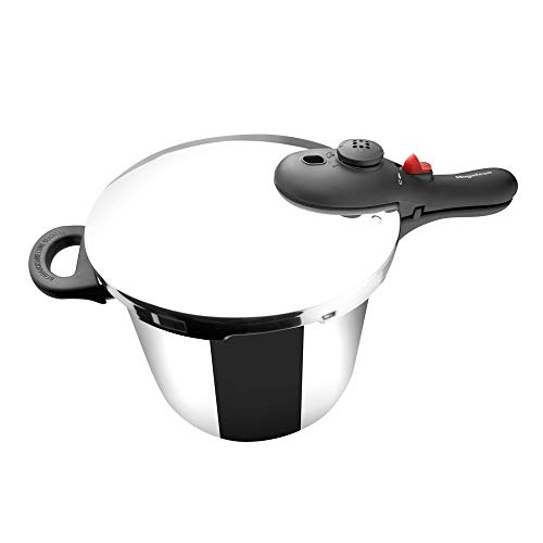 MAGEFESA DB Olla a presión super rápida de fácil uso, acero inoxidable 18/10, apta para todo tipo de cocinas, incluido inducción. Acero inoxidable, fondo termo difusor encapsulado de 5 capas. 6L