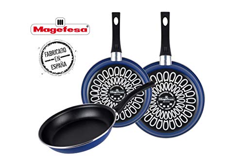 Magefesa Paula Juego Sartenes 18Ø 22Ø 26Ø, Antiadherente bicapa Reforzado, Color Azul Exterior. Apta para Todo Tipo de cocinas, incluida inducción, Acero, 3 Unidades