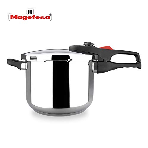 MAGEFESA PRACTIKA Plus COMPLET Olla a presión Super rápida de fácil Uso, Acero Inoxidable, Apta para cocinas inducción. Fondo Termo difusor, Pack Exclusivo Olla + CESTILLO + Tapa DE Cristal (6L)