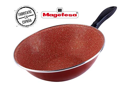 Magefesa Toscana Terracota Wok 28 cm de Acero esmaltado, Antiadherente Multicapa Efecto Piedra, Color marrón Exterior. Apto para Todo Tipo de cocinas, incluida inducción, Borgoña, centimeters