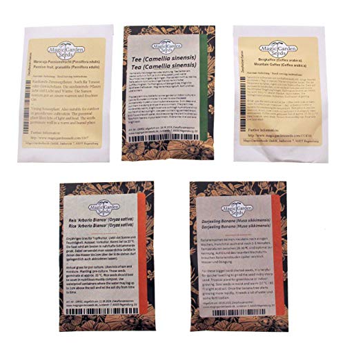 Magic Garden Seeds Cultivos Tropicales: Café, plátano, maracuyá, arroz y té - Semillas-Set de Regalo con 5 Plantas exóticas mundialmente Famosas