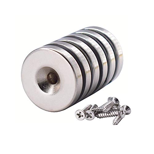 Magnetpro Imanes de disco de neodimio tracción de 10 kg avellanados de 25 x 5 mm, agujero de cabeza avellanada con 6 tornillos (6 unidades)