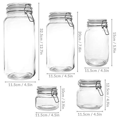 Maison & White Juego de 5 recipientes de conservación de vidrio Clip Top | 10 pegatinas reutilizables y pluma de tiza | Colección surtida de recipientes de comida seca vintage herméticos