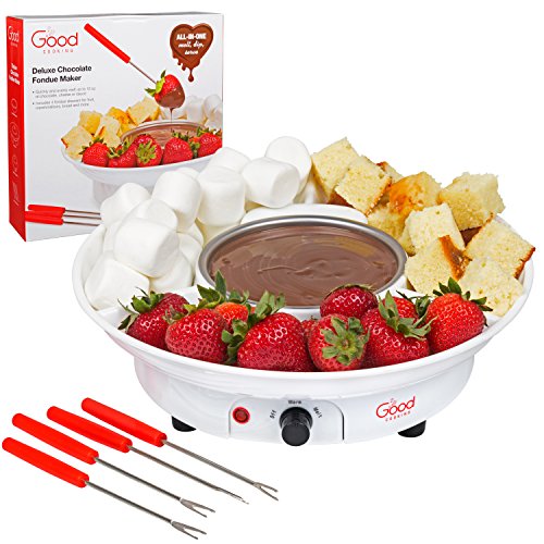 Maker- Deluxe – Pluma estilográfica para postre Fondu eléctrica Fondue de chocolate conjunto con 4 tenedores y bandeja para servir de fiesta