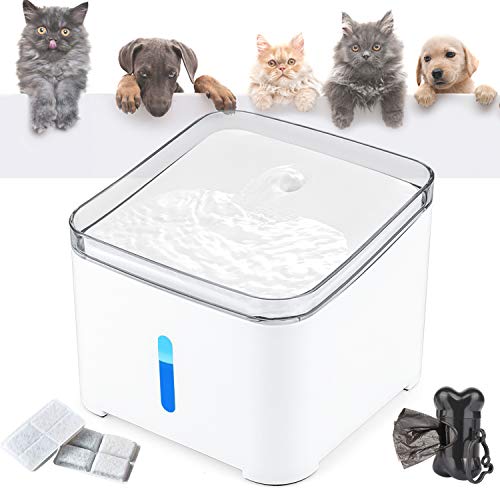 Makife Fuente de Agua para Gatos 2L Bebedero Automático Fuente de Agua para Mascotas Gatos Perros Luz LED nivel de agua visible filtros reemplazados, carga USB 15pcs Bolsas para excrementos de perro