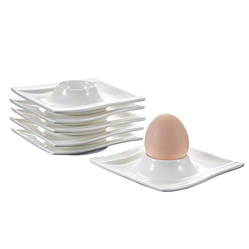 MALACASA Flora Series, Juego de Hueveras 6 pc 4.5" Hueveras Sostenedor Huevos Soporte de Porcelana Placas (11,5 * 11,5 * 2,5 cm) Marfil Blanco