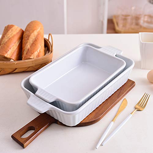 MALACASA Serie Bake.Bake, Bandejas para Hornear Moldes para Horno 2 pcs (11"/ 9"), Rectángulo Platos de Porcelana con Asas Ideal para Lasaña/Pastel/Cazuela/Tapas, Blanco