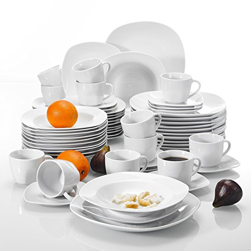 MALACASA, serie Elisa, 60 piezas Juegos de Vajillas de Porcelana con 12 Tazas de café, 12 Platillos, 12 Platos de Postre, 12 Platos de Sopa y 12 Platos de Cena, servicio de Café para 12 Personas