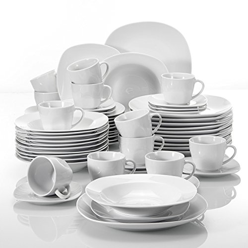 MALACASA, serie Elisa, 60 piezas Juegos de Vajillas de Porcelana con 12 Tazas de café, 12 Platillos, 12 Platos de Postre, 12 Platos de Sopa y 12 Platos de Cena, servicio de Café para 12 Personas