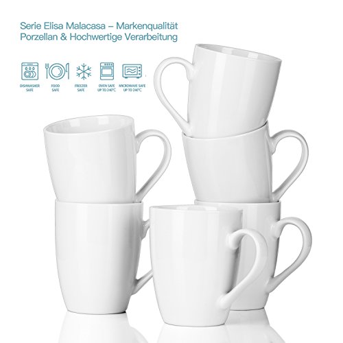 MALACASA, Serie Elisa, Juego de Tazas de 6 Piezas Vajillas de Porcelain Tazas de Cafe Mug Tazas Desayuno 360ML