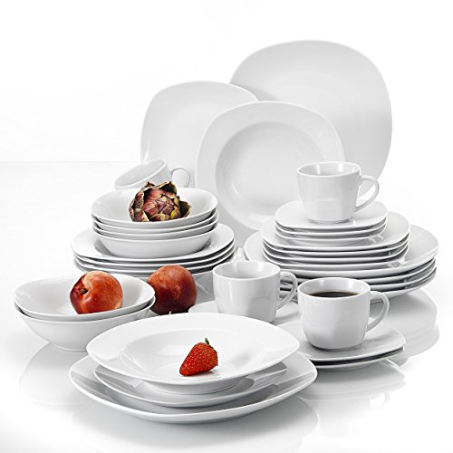 MALACASA, Serie Elisa, Juego de vajilla 36 Piezas vajilla de Porcelana con 6 Tazas de café, 6 platillos, 6 Platos de Postre, 6 Platos de Sopa, 6 Platos de Cena y 6 tazones de Cereal para 6 Personas