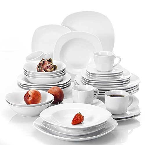 MALACASA, Serie Elisa, Juego de vajilla 36 Piezas vajilla de Porcelana con 6 Tazas de café, 6 platillos, 6 Platos de Postre, 6 Platos de Sopa, 6 Platos de Cena y 6 tazones de Cereal para 6 Personas