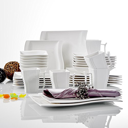 MALACASA, serie Flora, 32 Piezas Crema Blanco Porcelana Vajilla Set Vajilla Vajilla con por 6 cuencos, 6 Platos de Postre, 6 Platos Hondos, 6 Platos Llanos, 6 Tazas, 2 Cuadrada Placas