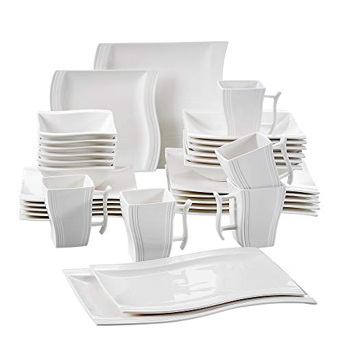 MALACASA, serie Flora, 32 Piezas Crema Blanco Porcelana Vajilla Set Vajilla Vajilla con por 6 cuencos, 6 Platos de Postre, 6 Platos Hondos, 6 Platos Llanos, 6 Tazas, 2 Cuadrada Placas