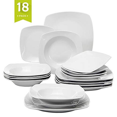 MALACASA, Serie Julia, 18 Piezas Vajilla de Porcelana con 6 Platos de Postre, 6 Platos Hondos y 6 Platos Llanos vajilla completa para 6 persona