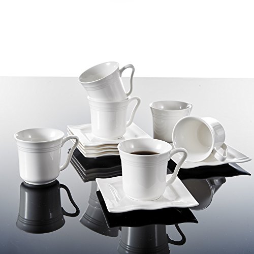 MALACASA, Serie Mario, Vajillas de Porcelana, 30 Piezas, Juego de Café, con 6 Tazas, 6 Platos Llanos, 6 Platos, 6 Platos de Postre, 6 Platos de Hondos, para 6 Personas Color Blanco