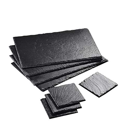 MALACASA, Serie Nature.Slate. Placa de Pizarra, 8 Piezas, 4X Pizarra Natural Piedra Rectángulo Tablero de Comidas, para Queso de la Cena 4X Posavasos Bebidas Alfombrillas de Café