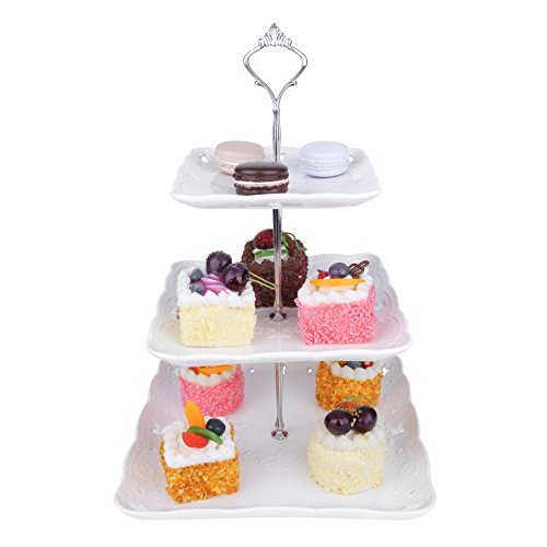 MALACASA Serie Sweet Time Bandeja para Tartas de 3 Alturas, Porcelana, 15,8cm/ 20,9cm/ 25,4cm, Bandeja para Servir Magdalenas, Soporte para Postres, Blanco