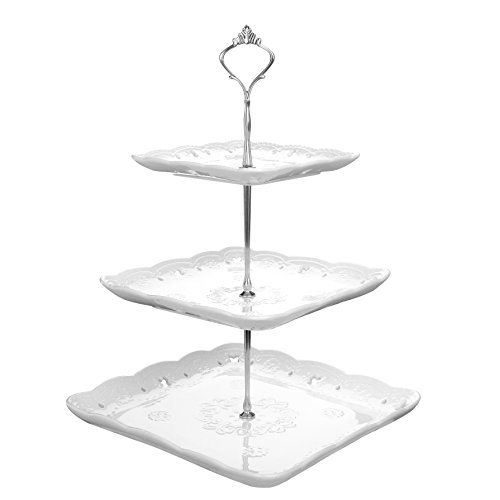 MALACASA Serie Sweet Time Bandeja para Tartas de 3 Alturas, Porcelana, 15,8cm/ 20,9cm/ 25,4cm, Bandeja para Servir Magdalenas, Soporte para Postres, Blanco