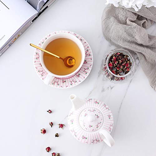 MALACASA, Serie Sweet.Time, 4 Piezas Juego de Té de Porcelana con Tetera con Flores de Taza y Platillo y Regalo de Cafetera Color Blanco con Rosa