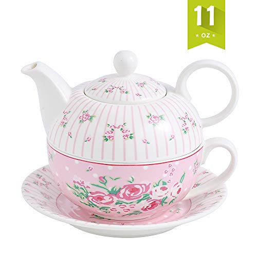 MALACASA, Serie Sweet.Time, 4 Piezas Juego de Té de Porcelana con Tetera con Flores de Taza y Platillo y Regalo de Cafetera Color Blanco con Rosa