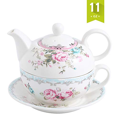 MALACASA, Serie Sweet.Time, 4 Piezas Juego de Té de Porcelana Tetera y Taza y Platillo de Tambien es Cafetera Regalo