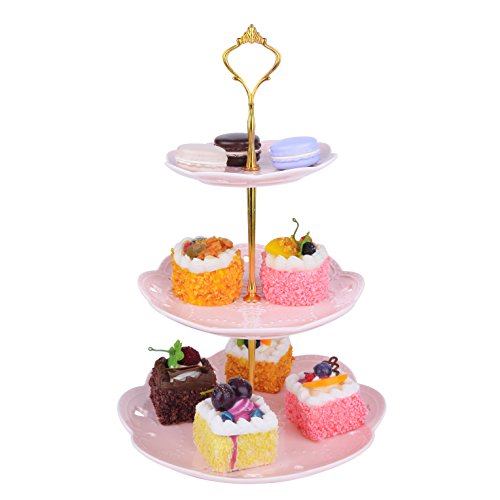 MALACASA, serie Sweet.Time, Soporte de Porcelana para Tartas (3 pisos), Color Rosa Bandejas para Tartas (6" 8" 10")