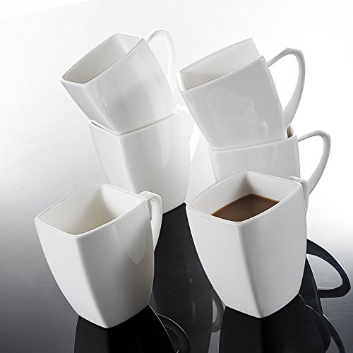 MALACASA, Series Blance, 6 Piezas Tazas Cuadrado 350ml 11.5 * 8 * 10.5cm Tazas de Porcelana Tazas de Cafe Tazas de Leche Tazas para 6 Personas Color Blanco