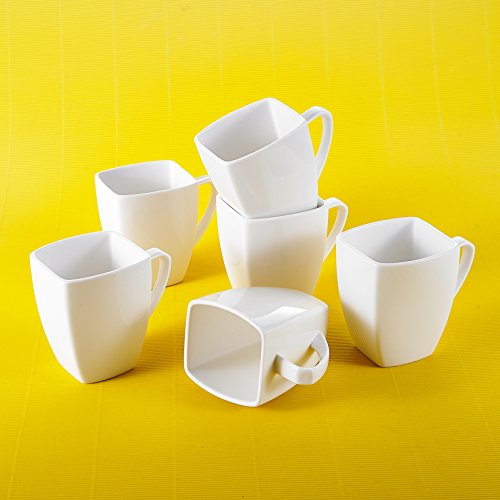 MALACASA, Series Blance, 6 Piezas Tazas Cuadrado 350ml 11.5 * 8 * 10.5cm Tazas de Porcelana Tazas de Cafe Tazas de Leche Tazas para 6 Personas Color Blanco