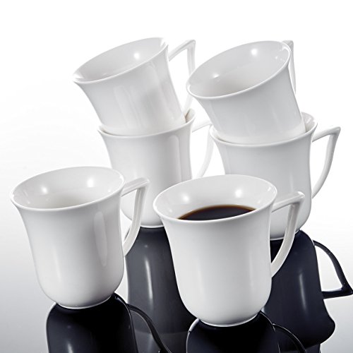 MALACASA, Series Carina, 6 Piezas Tazas 290ml 12 * 9.5 * 10cm Tazas de Porcelana Tazas de Cafe Tazas de Leche Tazas para 6 Personas Color Blanco