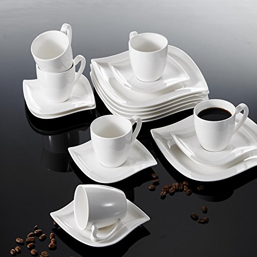 MALACASA, Series Elvira, Vajillas de Porcelana, 60 Piezas, Juego de Café, con 12 Tazas, 12 Platos Llanos, 12 Platos, 12 Platos de Postre, 12 Platos de Hondos, para 12 Personas Color Blanco