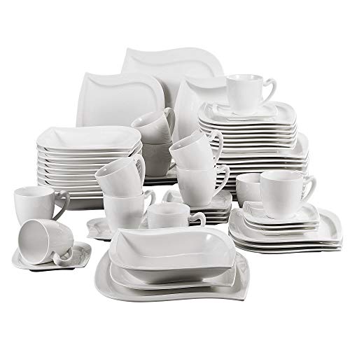 MALACASA, Series Elvira, Vajillas de Porcelana, 60 Piezas, Juego de Café, con 12 Tazas, 12 Platos Llanos, 12 Platos, 12 Platos de Postre, 12 Platos de Hondos, para 12 Personas Color Blanco