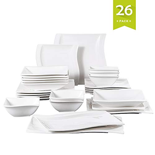 MALACASA, Series Flora, 26 Piezas Vajillas de Porcelana Blanca, 6 Plato de Cena 6 Placa de Postre 6 Plato de Sopa 6 Tazónes 1 Placa Rectangular Grande 1 Placa Rectangular