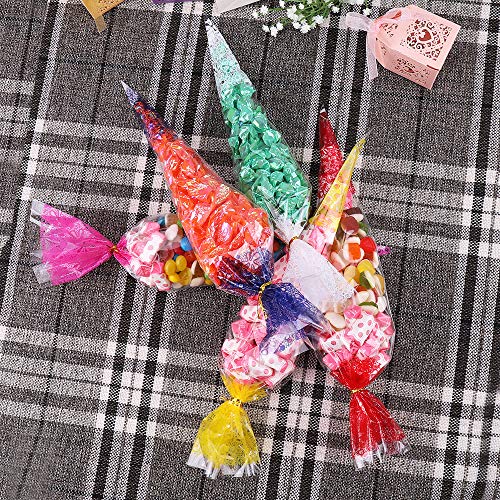 Malayas 100PCS Bolsas de Cono Transparentes Bolsas de Celofán para Dulces Caramelos Galletas Regalos Boda Fiestas Cumpleaños Incluye Lazos 38×19 cm