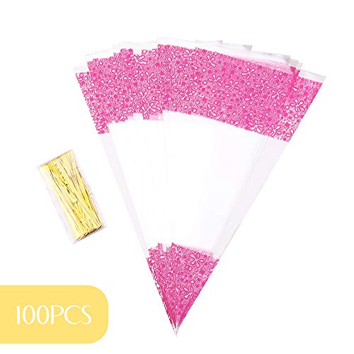 Malayas 100PCS Bolsas de Cono Transparentes Bolsas de Celofán para Dulces Caramelos Galletas Regalos Boda Fiestas Cumpleaños Incluye Lazos 38×19 cm