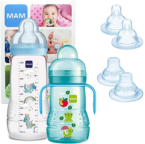 MAM Training Bottle Set, regalos para bebés de +4 meses, incluye 1 biberón Trainer (220 ml) y 1 biberón Easy Active (330 ml), juego de biberones con bonitos dibujos, NIÑO (Boy)