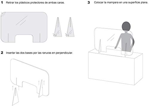 Mampara Protectora de Metacrilato Transparente con Ventanillas y Bases para Mostrador y Mesa, Medida de 90x60cm, Grosor de 4 mm