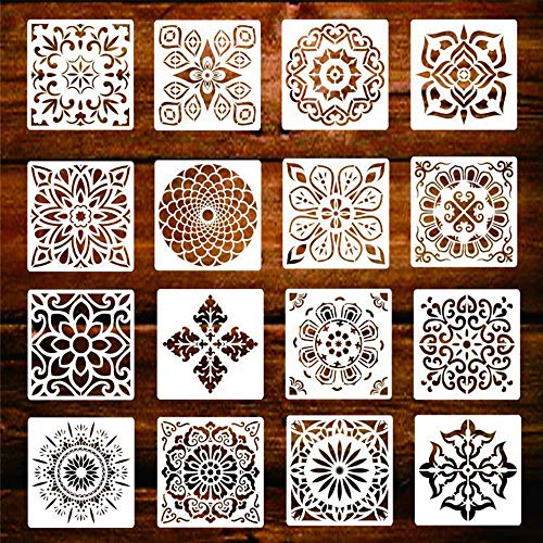 Mandalas Plantillas, 16 Piezas Reutilizable Plantillas Mandala para la pared/pintar paredes/Mobiliario decoración,pintar/dibujo mandalas para Niños y adultos (Blanco 15x15cm)