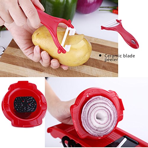 Mandolina de cocina - 5 en 1Cortador de Verduras Vegetable Slicer Multi, rallador mandolina profesional para el corte Utensilios de Cocina Profesional para Cortar Frutas / Verduras (Rojo)