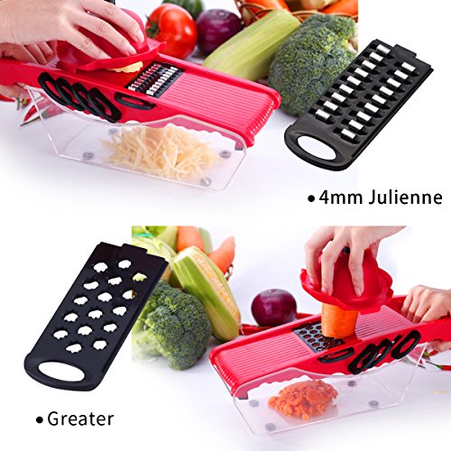 Mandolina de cocina - 5 en 1Cortador de Verduras Vegetable Slicer Multi, rallador mandolina profesional para el corte Utensilios de Cocina Profesional para Cortar Frutas / Verduras (Rojo)