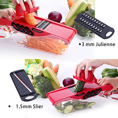 Mandolina de cocina - 5 en 1Cortador de Verduras Vegetable Slicer Multi, rallador mandolina profesional para el corte Utensilios de Cocina Profesional para Cortar Frutas / Verduras (Rojo)