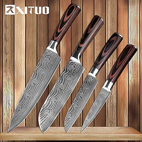 Manija cuchillos de cocina de Damasco venas inoxidable cuchillos de acero de madera del color de pelado de Utilidad Santoku rebanar Chef Cocinar cuchillo Herramientas de cocina (Color : 4PCS 2)