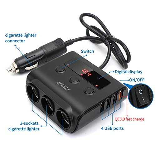 MANLI - Adaptador de carga rápida 3.0 para encendedor de cigarrillos, 12 V/24 V, 100 W, 3 enchufes, cargador de coche con 4 puertos de carga USB y voltímetro LED, cargador de coche