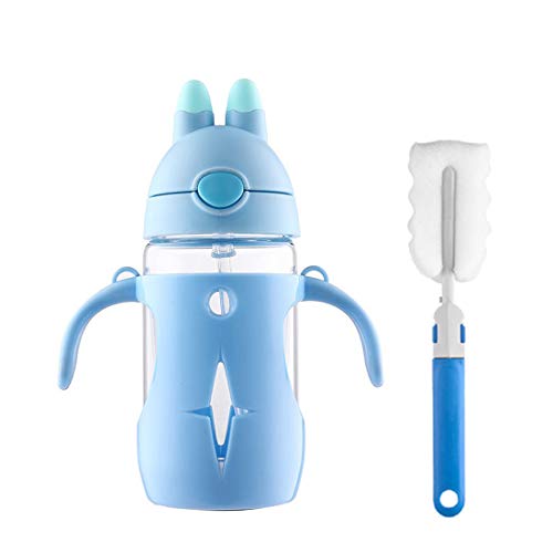 Manstro - Botella de agua para niños con pajita, cristal de borosilicato con funda protectora PP, sin BPA, 300 ml azul