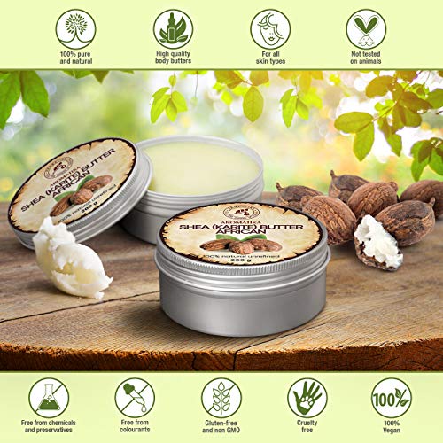 Manteca de Karité 200g - Africana -Ghana - Sin Refinar - Prensado en Frío - 100% Puro y Natural - Mejor para el Cabello - Piel - Labio - Cara - Cuidado del Cuerpo - Frasco de Aluminio