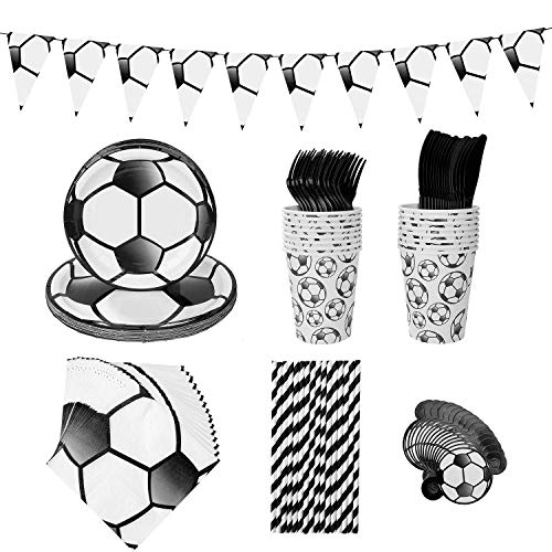 MaoXinTek Fútbol Vajilla de Desechable Accesorio de Decoración de Fiesta de Cumpleaños para 16 Personas Plato Pancarta Servilletas Taza Tarjeta de Invitación para Niños Niña Baby Shower Boda 113 Pcs