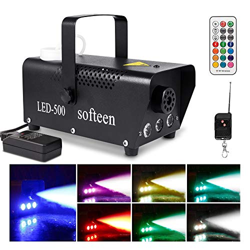 Máquina de niebla con mando a distancia, Softeen 500 W, máquina de niebla para fiestas con 2 mandos a distancia inalámbricos y colorido efecto luz LED para fiestas, bodas, Navidad, Halloween