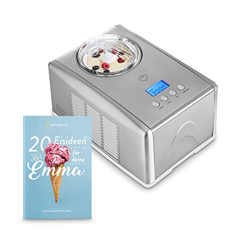 Máquina para hacer helados caseros EMMA, Ice cream maker, Heladera con compresor 1,5 l, recipiente extraíble y pantalla LCD + Libro de recetas